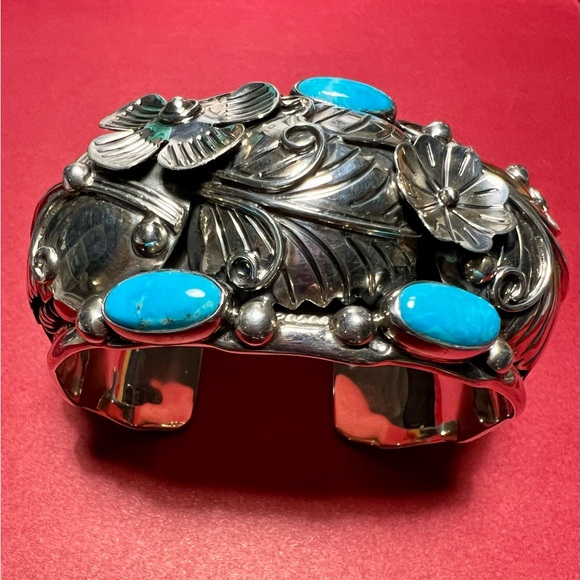 C11 Jewelry - Vintage sterling silver Cuff Bracelet c11 925 Mexico Flower design/ turquoise